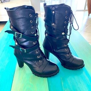 Studded Motorcycle Heeled Boots Below The Knee Black Faux Leather